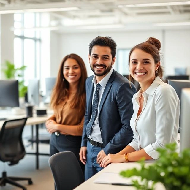 Three auditors collaborating in a modern office space.
