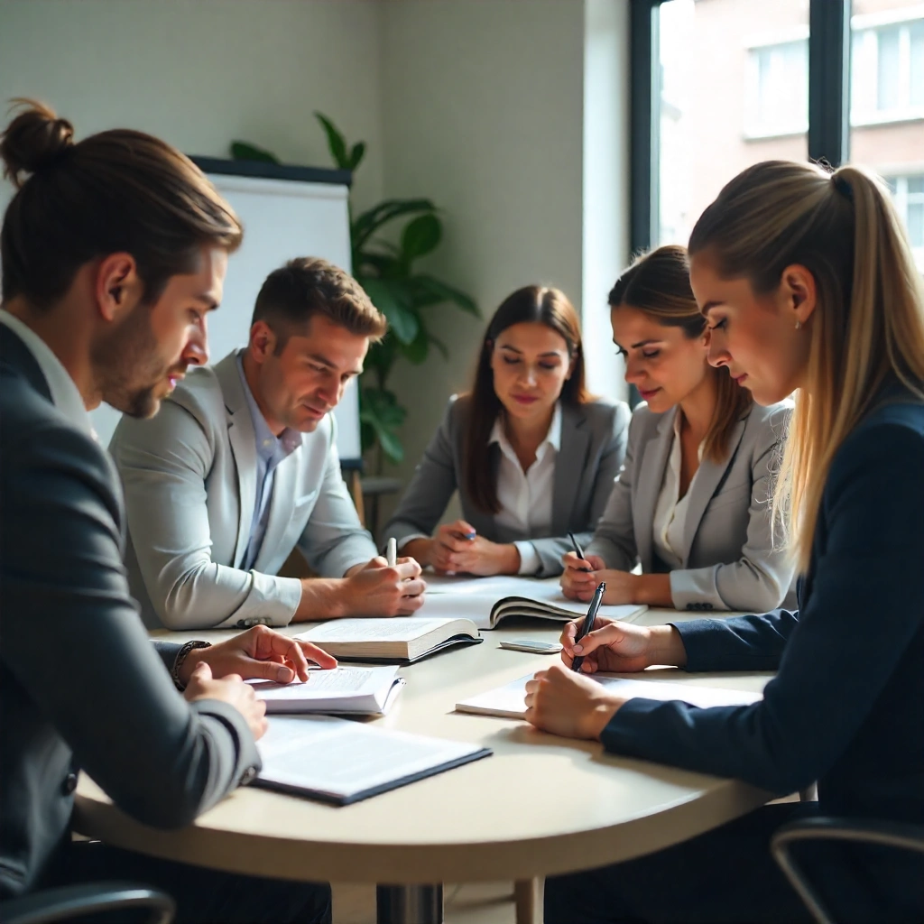 Auditors reviewing an AI glossary at a conference table in a modern office setting